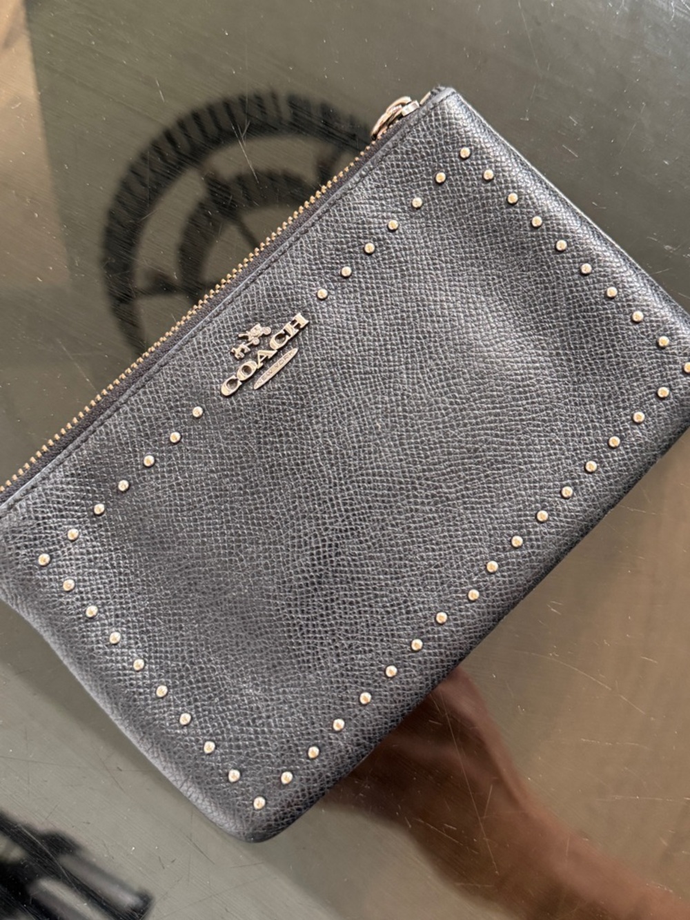 Coach Black Pebbled Leather Studded Zip Pouch